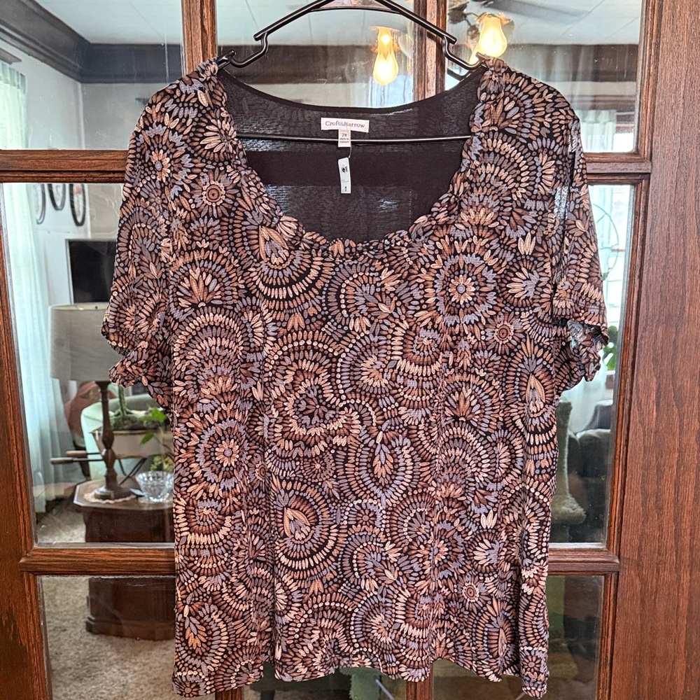 Croft & Barrow Womens 2X Brown Medallion Mosaic Scoop Neck Short Sleeve Top